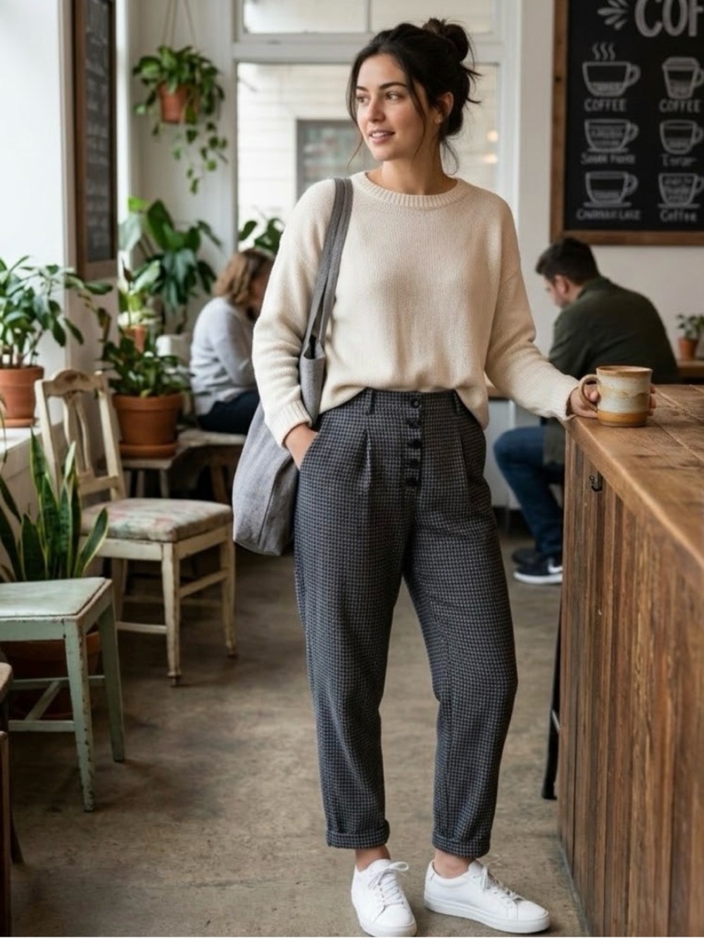 MANGO | High-Waist Houndstooth Button Front Pants